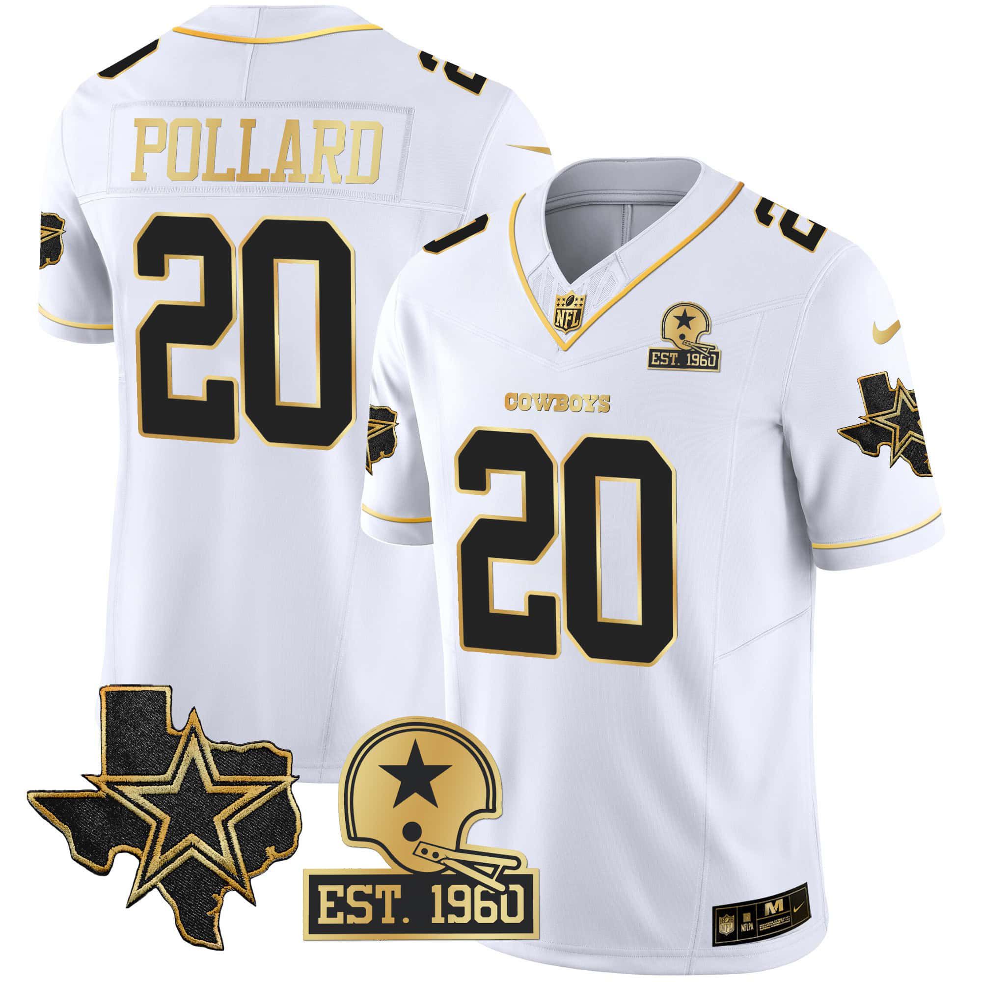 Men Dallas Cowboys #20 Pollard White Gold 2024 Nike Patch Vapor NFL Jersey